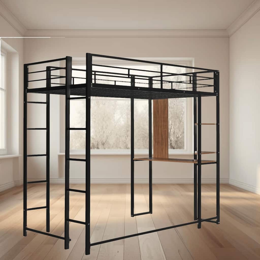 Twin Metal Loft Platform Bed Frame with Built-In Desk and Shelves for Kids' Bedroom, Full-Length Guardrails, and Sturdy Ladder