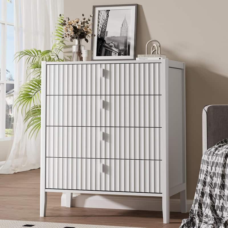 Modern Dresser, Fluted Wood Chest with Deep Drawers for Bedroom, Living Room - White - 4-drawer