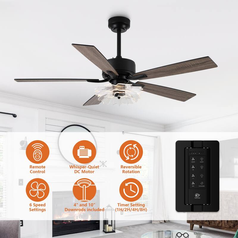 52-inch Industrial Acrylic Matte Black DC Ceiling Fan with Light and Remote