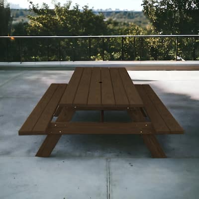HomeRoots 94" Dark Brown Solid Wood Outdoor Picnic Table with Umbrella Hole