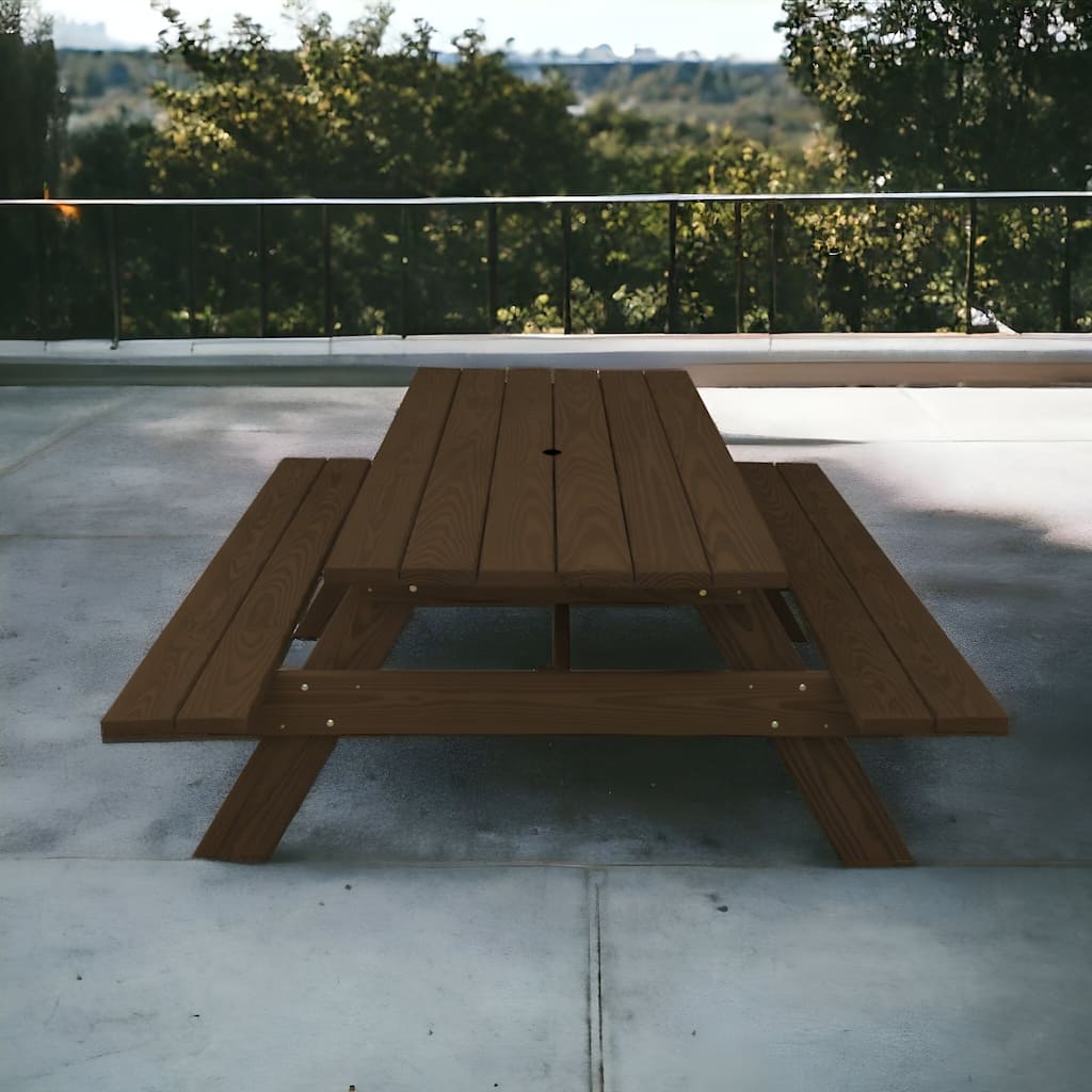 HomeRoots 94" Dark Brown Solid Wood Outdoor Picnic Table with Umbrella Hole
