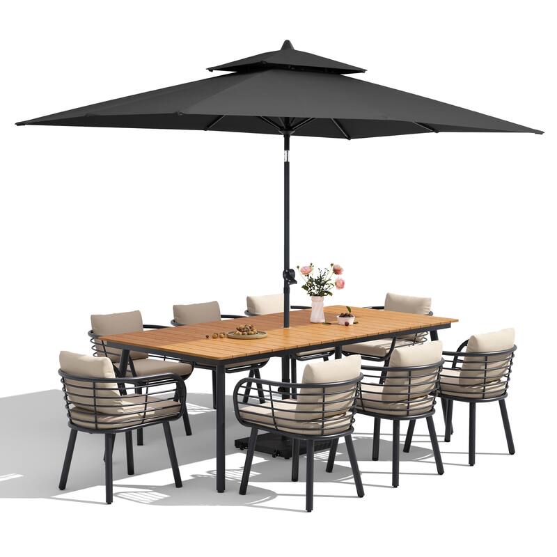 11-Piece Outdoor Patio Dining Set with Sunbrella Cushion Aluminum Dining Table and Chairs w/10 ft Umbrella and Base with Wheels
