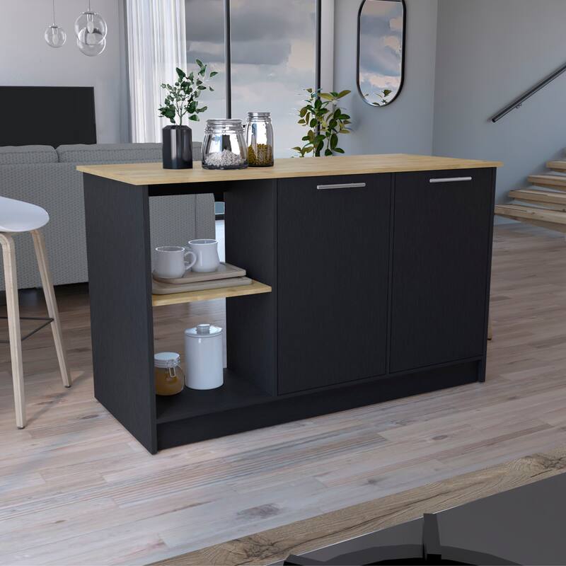 Kitchen Island with Open Shelves, Storage Cabinets, and Ample Workspace - Black