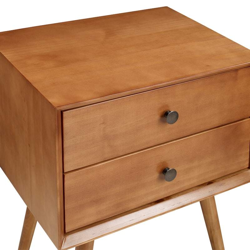 Mid-Century Modern Double-Drawer Solid Wood Nightstand with Antique Hardware