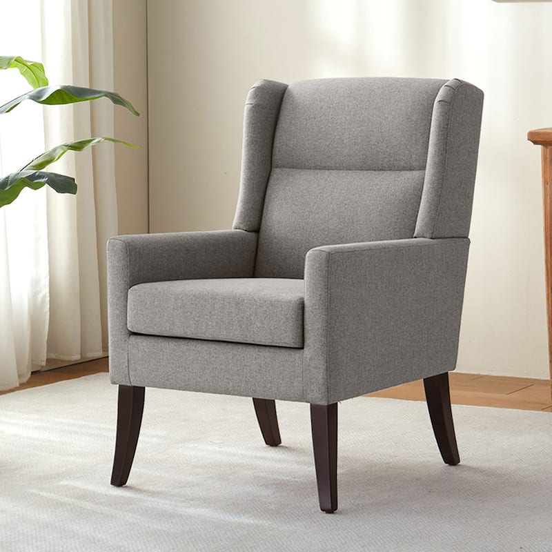 Set of 2 Modern Upholstered Accent Chairs with High Back and Wooden Legs – Grey/Beige/Brown