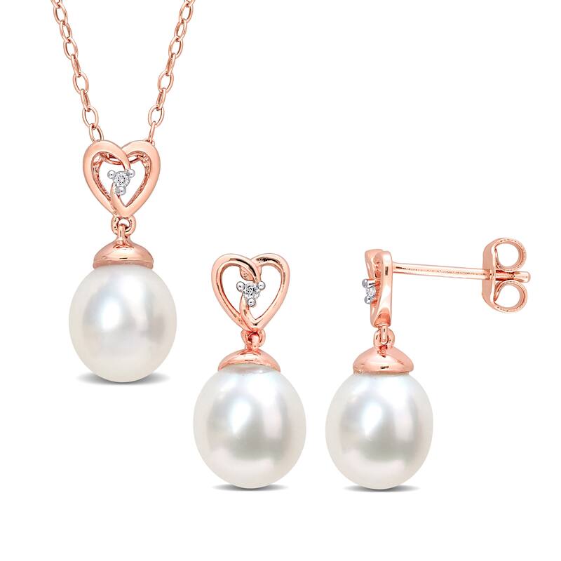 Miadora White Topaz And 8 - 9 Mm White South Sea Cultured Pearl Heart Earrings & Pendant Set With Chain Pink Silver