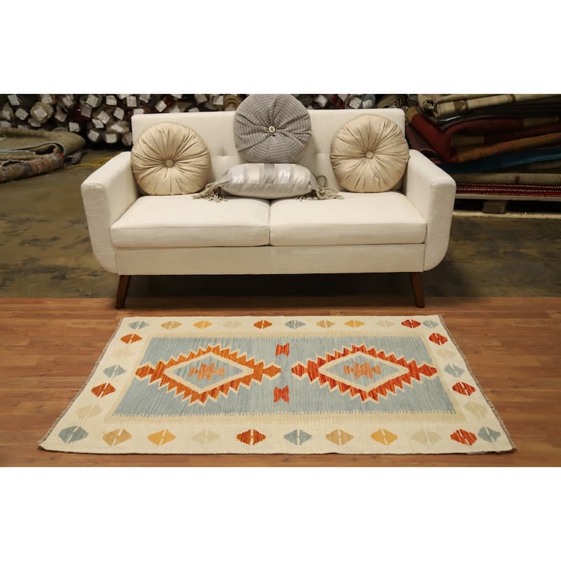 Hand Woven Oriental 100% Wool Carpet Southwestern Tribal Navy Blue & Blues Kilim Area Rug - 4' 9'' X 3' 2''
