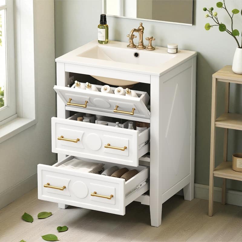 24-Inch Bathroom Vanity with Ceramic Sink, Solid Wood Frame Vanity Cabinet with 3 Drawers, Freestanding Storage