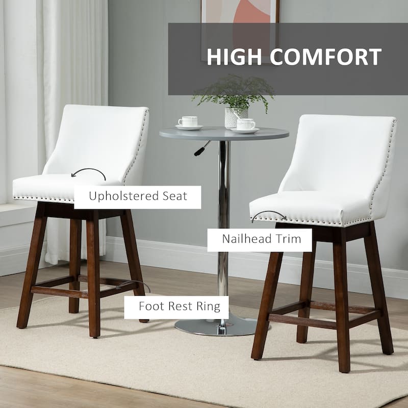 HOMCOM 28" Swivel Counter Height Bar Stools with Backs, Upholstered Dining Room and Kitchen Bar Stools Set of 2 with Wood Legs