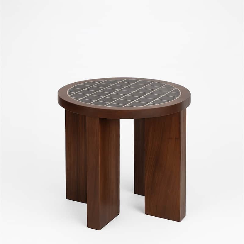 Tiles Top Round Wooden End Table - 17.75" - Brown