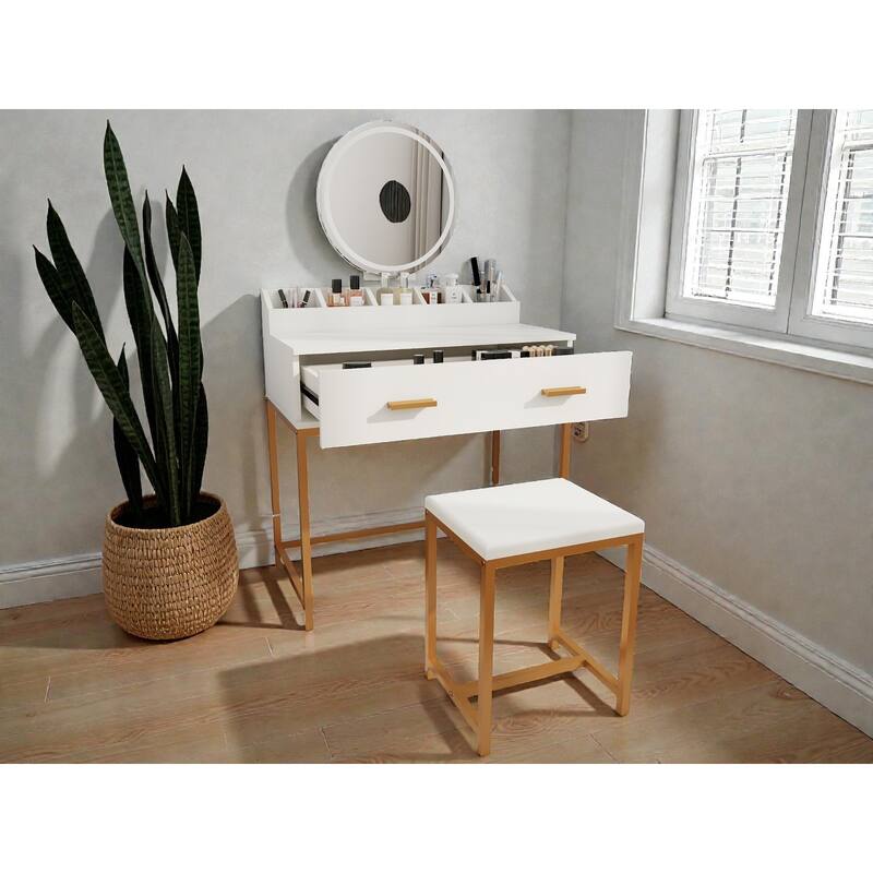 White & Gold Vanity Set with Mirror and Stool, Makeup Table with Drawers and Organizer, Compact Space-Saving Design