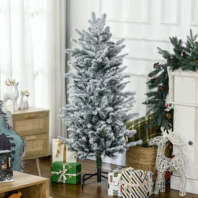 4.5 ft Green Snow Flocked Pencil Artificial Christmas Tree Indoor Slim Space Saving Design with 267 Tips and Sturdy Base