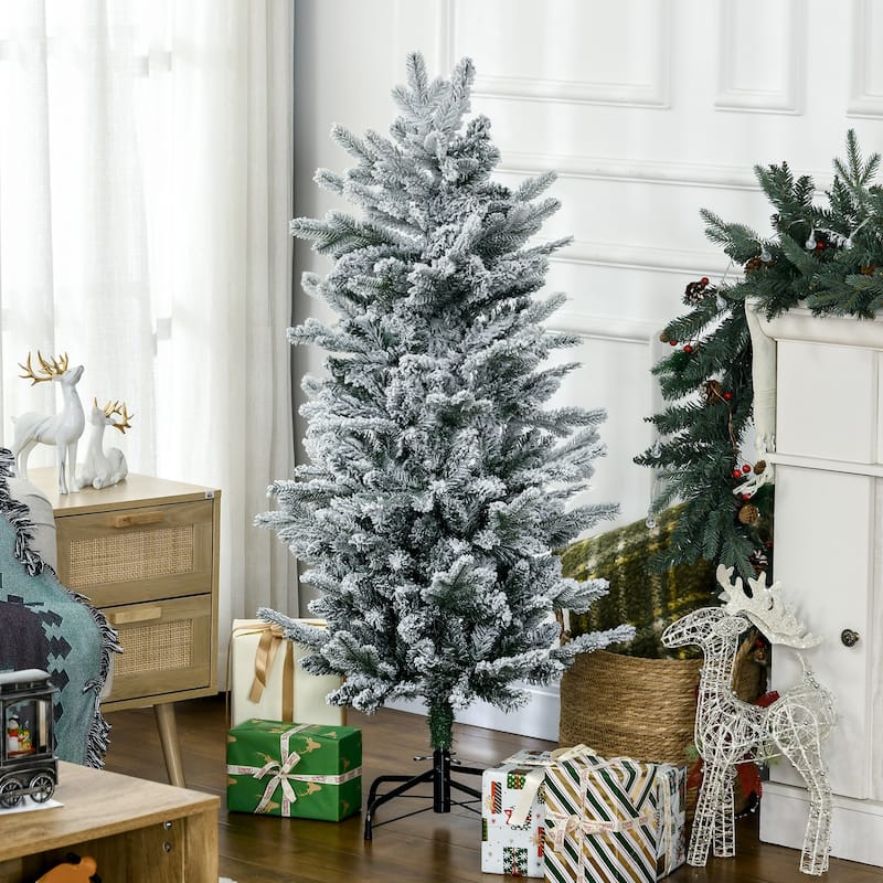 HOMCOM 4.5ft Tall Flocked Artificial Christmas Tree Holiday Décor with 267 Snow Branches,Green - 4.43 ft - 4.5 Foot - Green