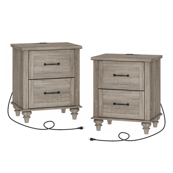 Mid Century End Table Nightstands with Charging Station & Drawer - 2 Piece - Gray