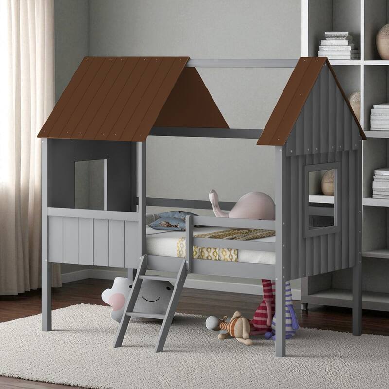 Twin Size House Bed with Roof and Side Windows, Low Loft Wooden Frame for Kids, No Box Spring Needed - Gray Brown - Twin