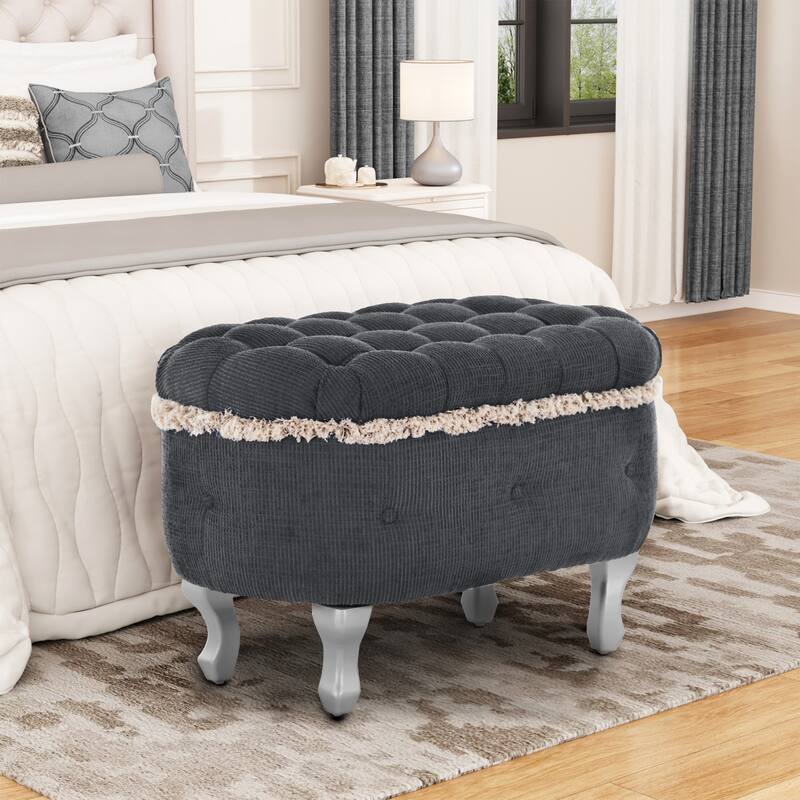 Button-Tufted Storage Bench, Small Upholstered End-of-Bed Ottoman with Fringe, Multi-Use Window & Shoe Cabinet Bench - Grey