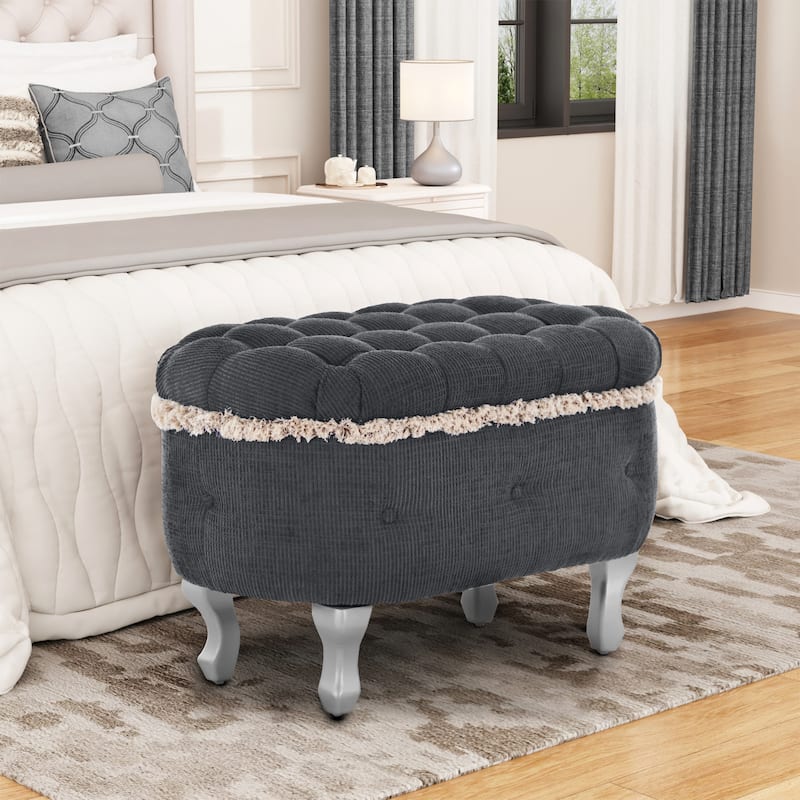 Roomfitters Upholstered Storage Bench with Button Tufted Top, End of Bed Bench with Fringe and Curved Legs