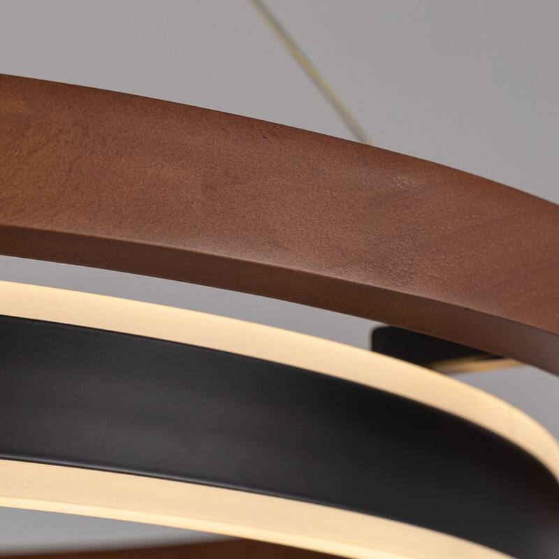 23.6 in. Modern Farmhouse Chandelier 2-Tier Round Ring Walnut LED Wooden Pendant Light for Kitchen Island