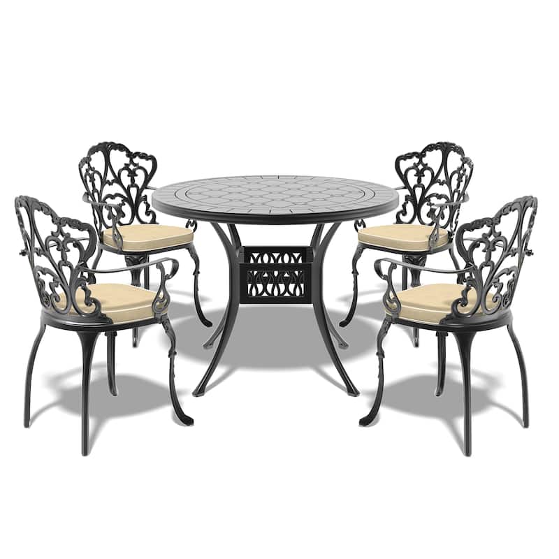 3/5 Piece Cast Aluminum Outdoor Dining Set with 39.37 in. Round Table and Seat Cushions