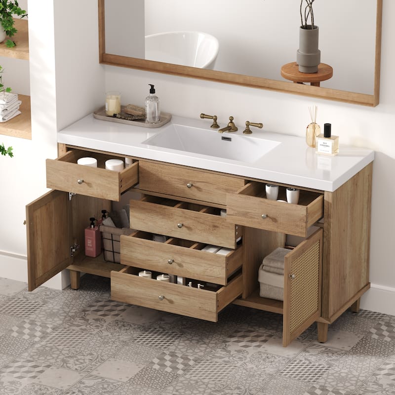 Christopher Knight Home - Emery 60" Bathroom Vanity with SMC Sink, Natural Finish for Modern Large Storage Cabinet