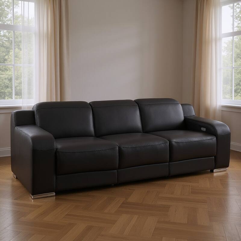 HomeRoots 103" Black Italian Leather Reclining USB Sofa - Black
