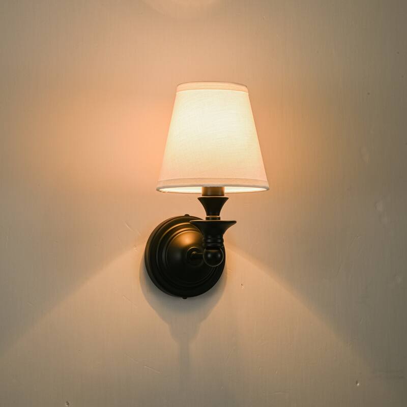 1-Light Farmhouse Black/Gold Iron Wall Sconce with White Fabric Shade