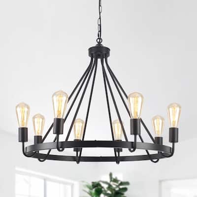 29.13-inch Wide 8-Light Industrial Farmhouse Wagon Wheel Chandelier, Rustic Candle Chandelier for Living Room, Dining Room