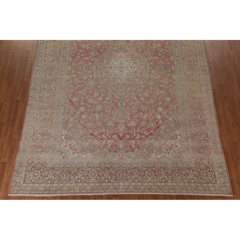 Hand Knotted Oriental 100% Wool Carpet Traditional Floral Pink Mashad Area Rug - 13' 9'' X 9' 7''