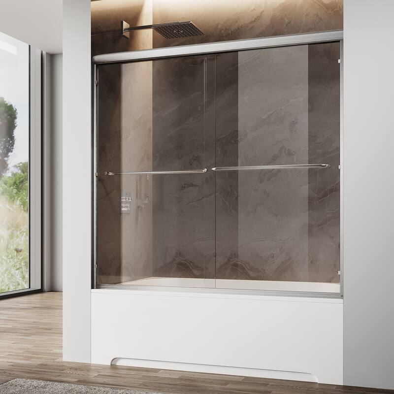 Elegant Double Sliding Shower Door Brushed Nickel Finish Framed With 1/4 inch Clear Tempered Glass - 60"x57"