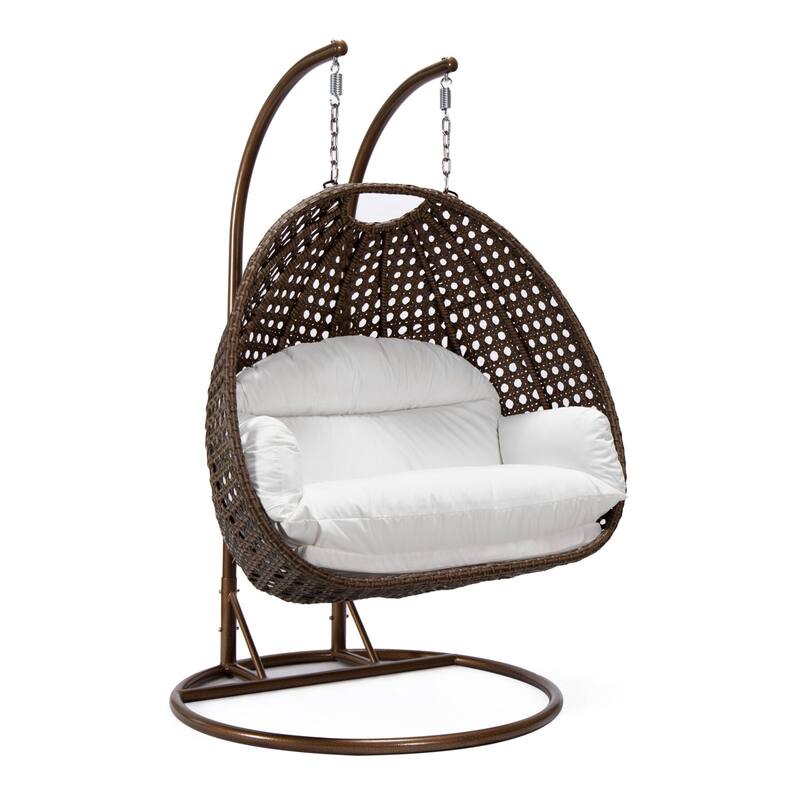 LeisureMod Mendoza Dark Brown 2 Seater Wicker Patio Hanging Double Swing Chair for Patio Porch Backyard Garden - 53" - White