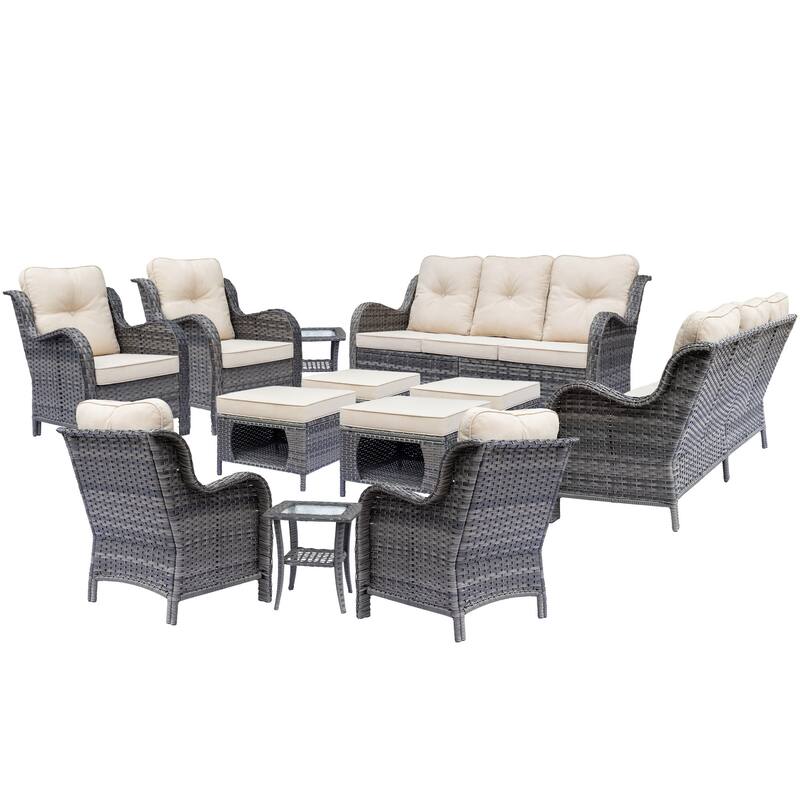 Gray Rattan Wicker High Back Outdoor Patio Furniture Sofa Seating Set