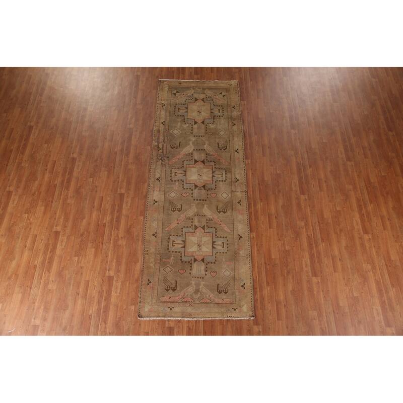 Tribal Animals Ardebil Persian Antique Runner Rug Handmade Wool Carpet - 4'0" x 10'11"