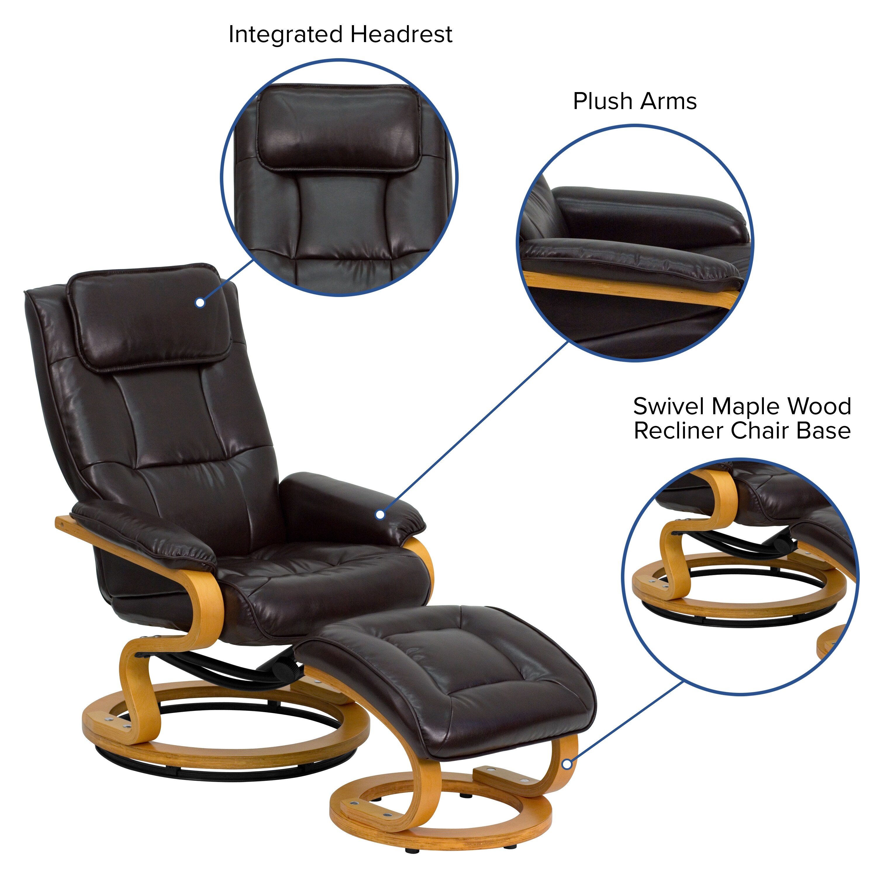 Contemporary Multi-Position Recliner and Ottoman with Swivel Maple Wood  Base - 29.5