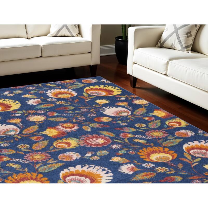 Power Loomed Floral Traditional Low Pile Area Rug - 118' X '94' X '0.25 - Oxford Blue - Rectangle