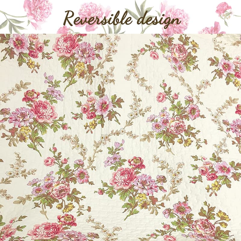 French Country Floral Blooming 3-Piece Cotton Reversible Quilt Bedding Set