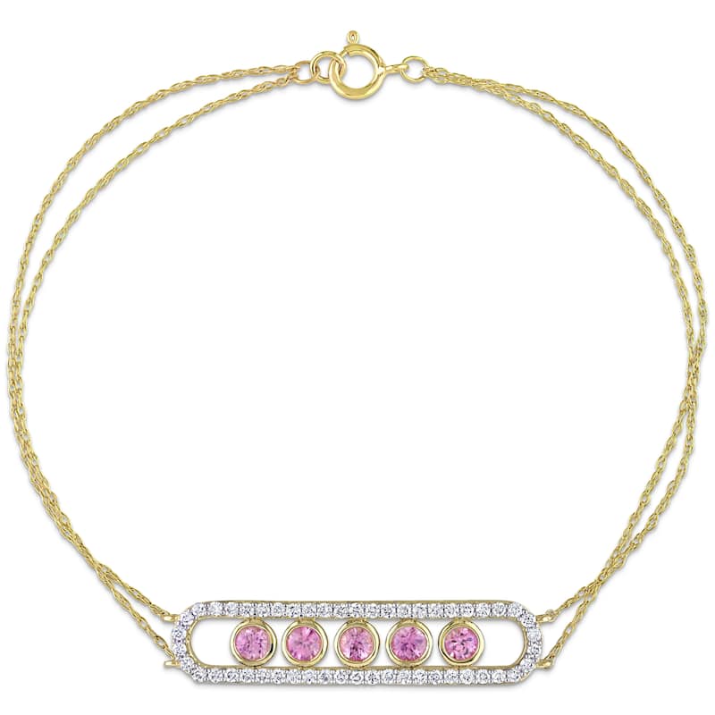 Miadora Pink Sapphire & 1/2ct TDW Diamond 5-Stone Station Halo Bar Bracelet in 10k Yellow Gold