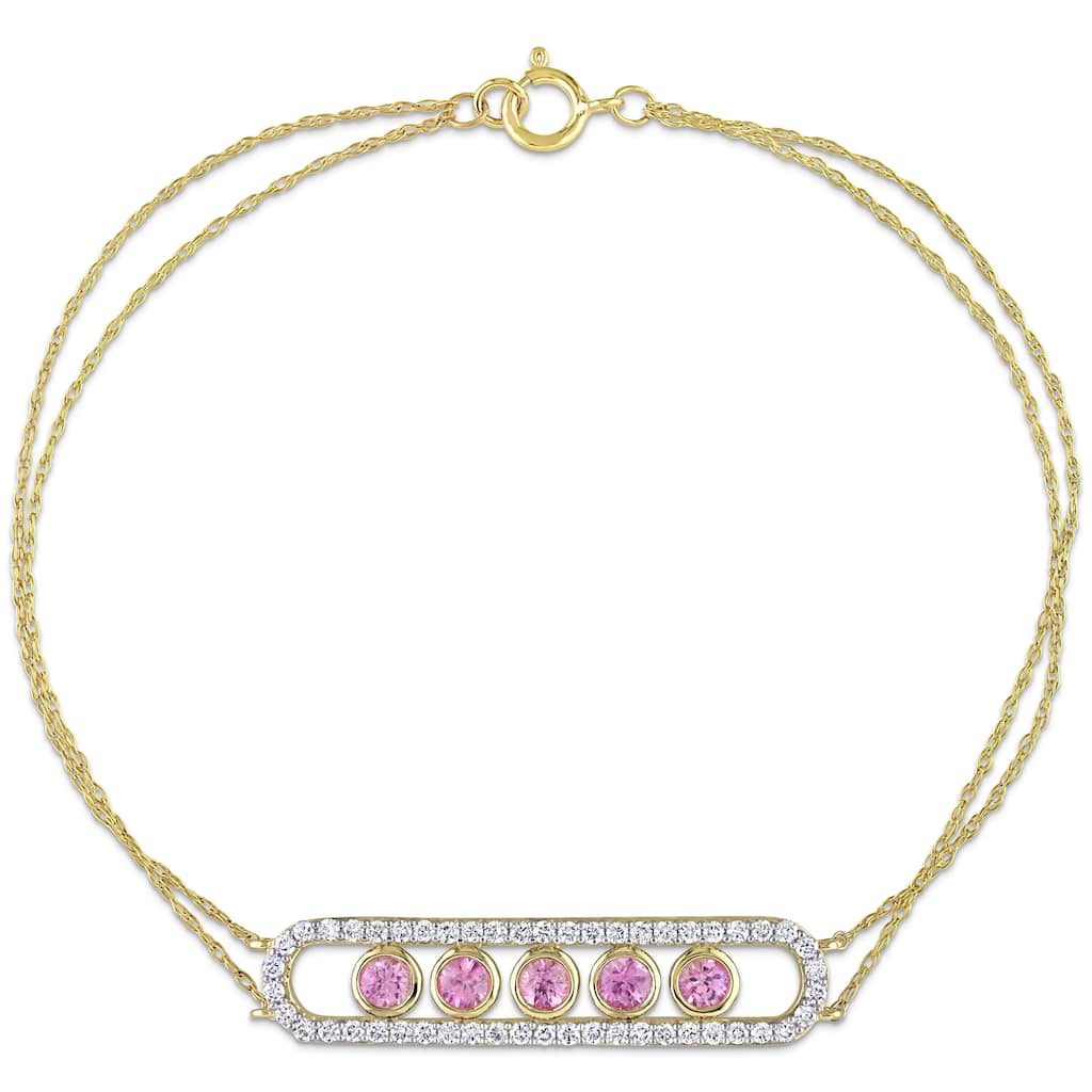 Miadora Pink Sapphire & 1/2ct TDW Diamond 5-Stone Station Halo Bar Bracelet in 10k Yellow Gold