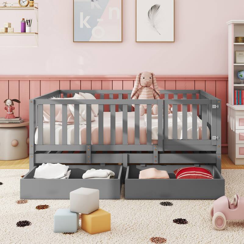 Full Size Wood Daybed with Fence Guardrails and 2 Drawers