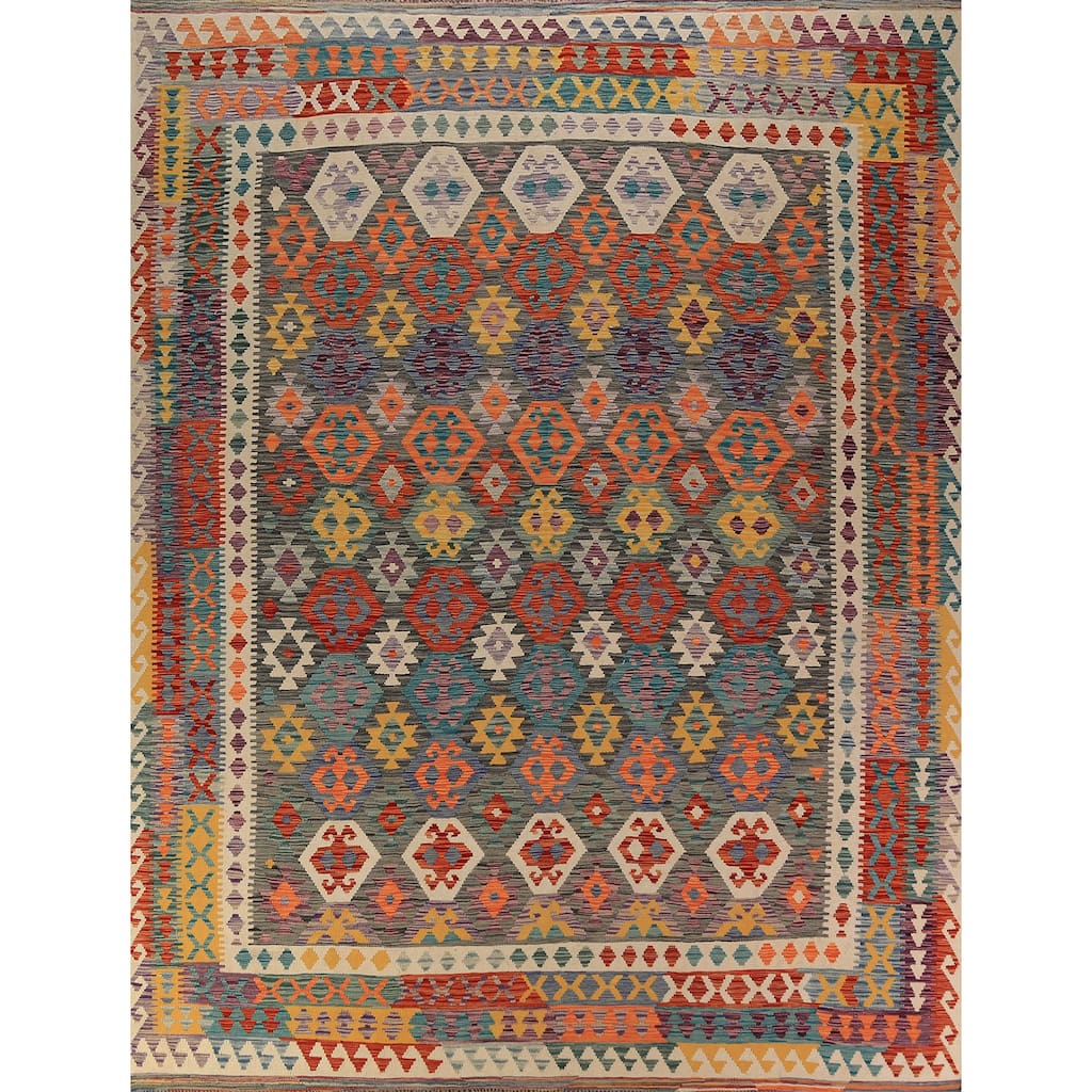 Kilim Oriental Rug Hand-Woven Multi-Color Reversible Wool Carpet - 9'7"x 12'9"