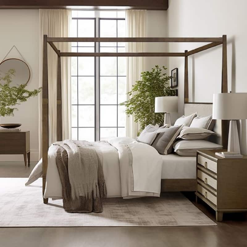 Roomfitters Modern Queen Canopy Bed Frame, Brown Solid Wood with Upholstered Headboard and Gold Metal Accents for Bedroom