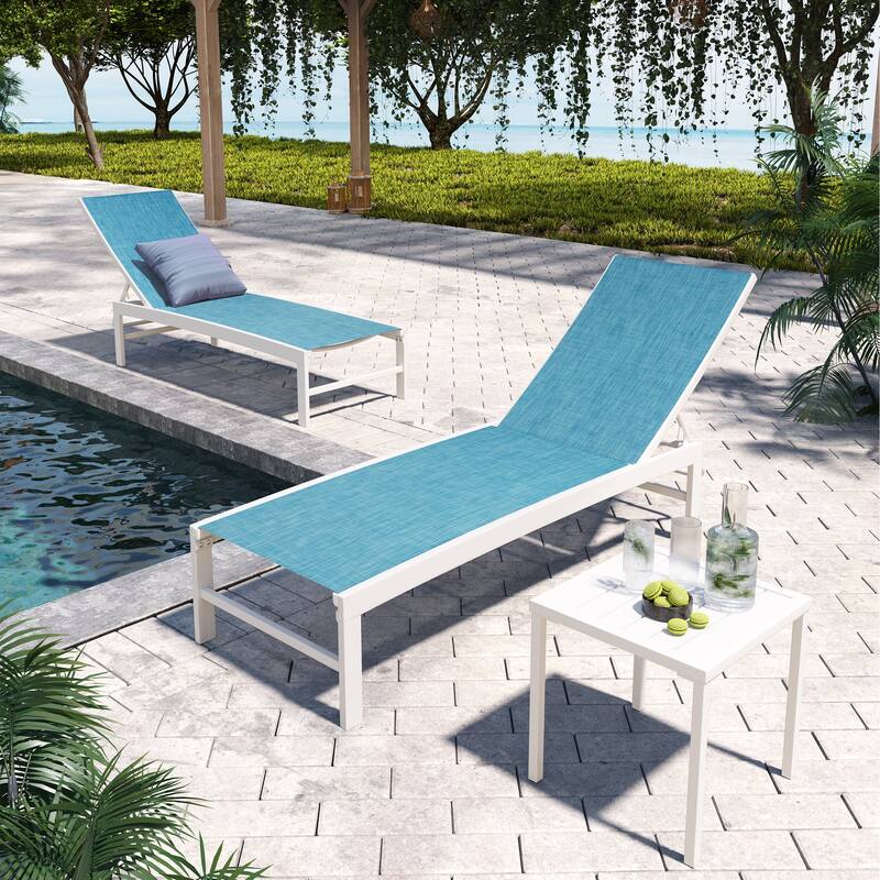 Pellebant Outdoor 3-piece Aluminum Adjustable Back Chaise Lounge with Side Table Set - Blue