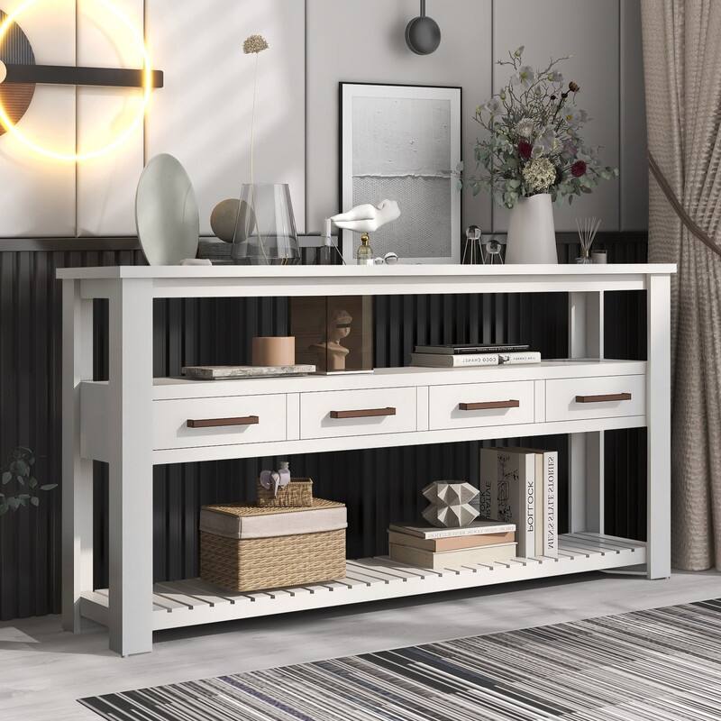 Modern Console Table with 4 Drawers and 2 Shelves - White