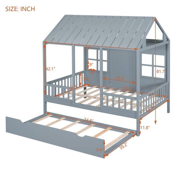Full Size Wood House Bed with Twin Size Trundle, Wooden Daybed in Gray