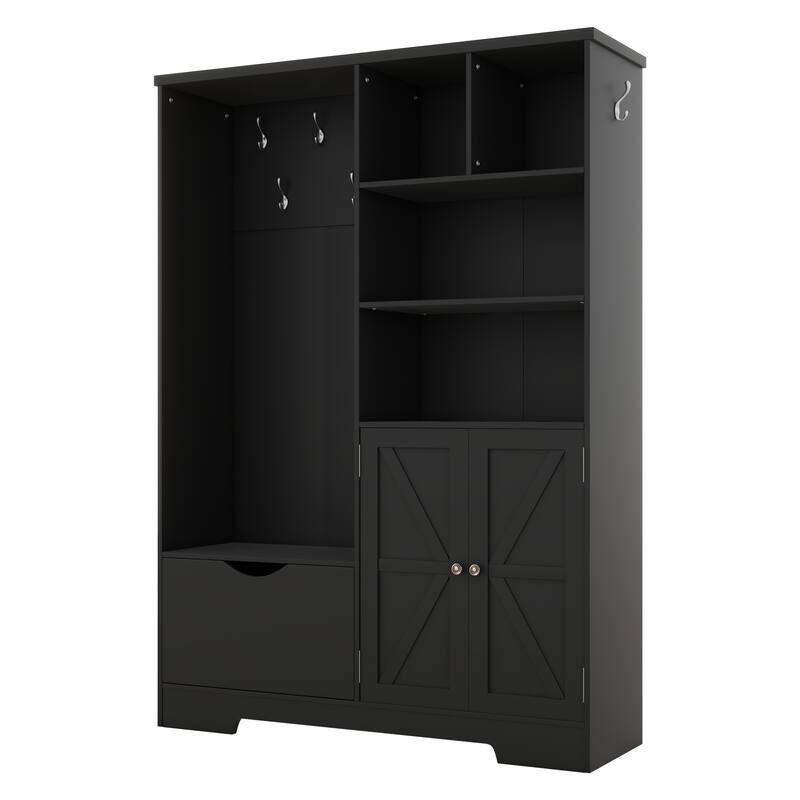 Anmytek Black 5 in 1 Hall Tree Entryway Storage Organizer with Shoe Bench Hooks Cabinet