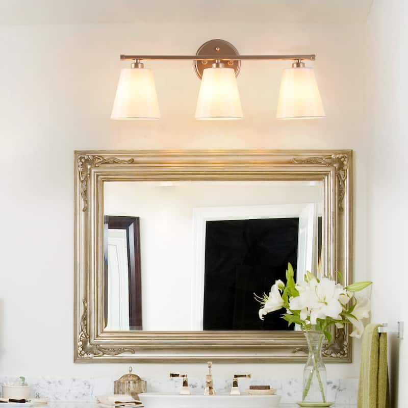 Fabrey Mid-century Modern 3-light Gold Bathroom Vanity Light Cone Beige Fabric Shade Dimmable Wall Sconces