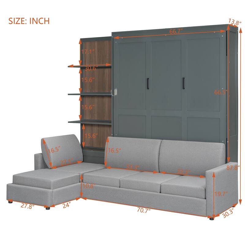 Hidden Wood Wall Cabinet Bed with Sofa, Queen Size Murphy Bed with Couch, Open Side Storage Shelves and Dual-Piston Lift