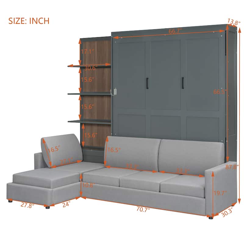 Queen Size Murphy Wall Bed with Sofa and Shelves, Space-Saving Fold Down Bed with Storage, Piston Lift Mechanism