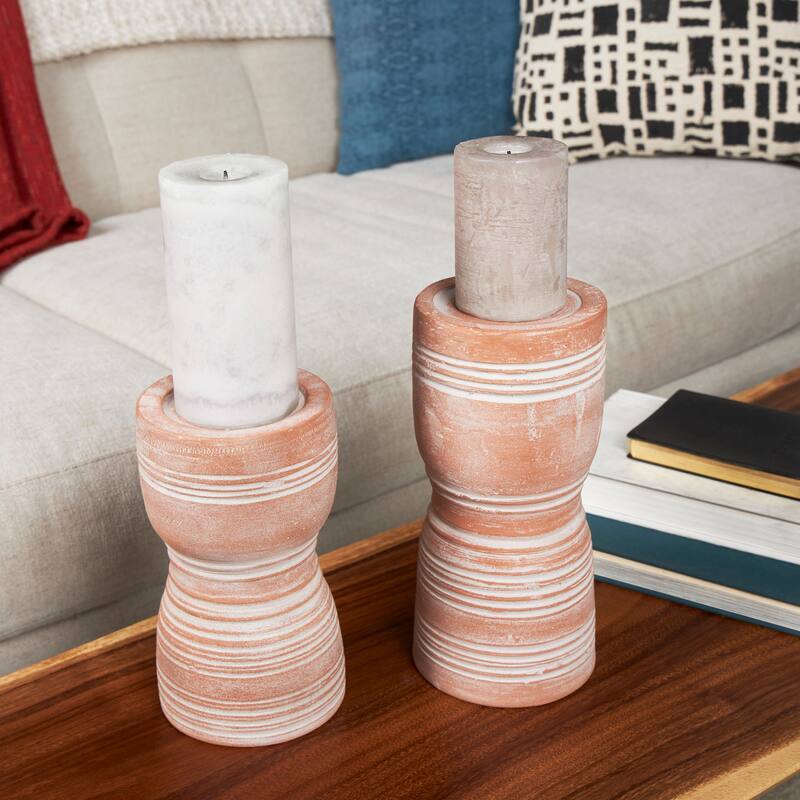 Ceramic Whitewashed Ribbed Terracotta Candle Holder - Set of 2 Pink - Roche River Decor - 5"W x 5"L x 11"H