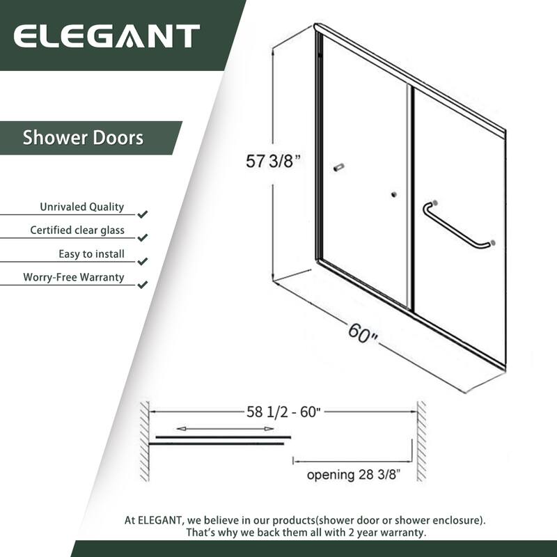 Elegant Double Slidng Shower Door 60 in.W x 57.4 in. H for Bathtub with 1/4 in. Tempered Glass in Chrome Finish