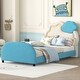 preview thumbnail 1 of 10, Twin Size Bed Frame with Cloud-Shaped Headboard & Embedded Light Stripe, Velvet Upholstered Platform Bed with Slat Support, Blue